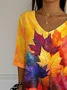 Women Maple Leaf Three Quarter Sleeve Tee T-shirt V Neck Printing Casual Spring/Fall Graphic Tee Top