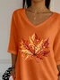 Women Maple Leaf Three Quarter Sleeve Tee T-shirt V Neck Printing Casual Spring/Fall Graphic Tee Top
