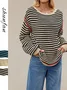 Women Striped Split Joint Winter Street Long Sleeve Crew Neck Sweater