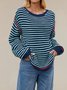 Women Striped Split Joint Winter Street Long Sleeve Crew Neck Sweater