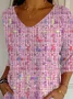 Women Abstract Three Quarter Sleeve Tee T-shirt V Neck Printing Casual Spring/Fall Graphic Tee Top