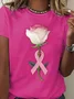 Women Pink Ribbon Floral Print Short Sleeve Tee T-shirt Crew Neck Casual Summer Graphic Tee Top