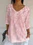 Women Floral Three Quarter Sleeve Tee T-shirt V Neck Printing Casual Spring/Fall Graphic Tee Top