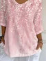 Women Floral Three Quarter Sleeve Tee T-shirt V Neck Printing Casual Spring/Fall Graphic Tee Top