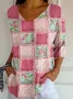 Women Floral Three Quarter Sleeve Tee T-shirt V Neck Printing Casual Spring/Fall Graphic Tee Top
