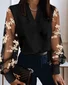 Women Color Block Long Sleeve Shirt Spring/Fall Split Joint V Neck Balloon Sleeve Daily Casual Top