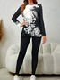 Women Floral Printing Two-Piece Set Daily Long Sleeve Casual Spring/Fall Top With Pants Matching Set