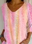 Women Abstract Three Quarter Sleeve Tee T-shirt V Neck Printing Casual Spring/Fall Graphic Tee Top