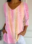 Women Abstract Three Quarter Sleeve Tee T-shirt V Neck Printing Casual Spring/Fall Graphic Tee Top