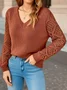Women Plain Jacquard Winter Casual Long Sleeve V Neck Wool Sweater