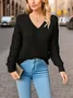 Women Plain Jacquard Winter Casual Long Sleeve V Neck Wool Sweater