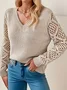 Women Plain Jacquard Winter Casual Long Sleeve V Neck Wool Sweater