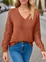 Women Plain Jacquard Winter Casual Long Sleeve V Neck Wool Sweater