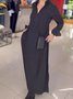 Women Plain Long Sleeve Spring/Fall Split Joint Dress V Neck Daily Vintage Maxi Shirt Dress A-Line Dress
