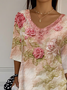 Women Floral Three Quarter Sleeve Tee T-shirt V Neck Printing Casual Spring/Fall Graphic Tee Top