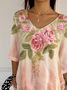 Women Floral Three Quarter Sleeve Tee T-shirt V Neck Printing Casual Spring/Fall Graphic Tee Top