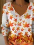Women Maple Leaf Long Sleeve Tee T-shirt V Neck Printing Casual Spring/Fall Top
