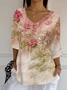Women Floral Three Quarter Sleeve Tee T-shirt V Neck Printing Casual Spring/Fall Graphic Tee Top