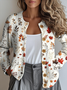 Women Maple Leaf Buttons Long Sleeve Crew Neck Vintage Spring/Fall Cardigan Outerwear