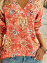 Women Ethnic Long Sleeve Tee T-shirt V Neck Printing Casual Spring/Fall Graphic Tee Top