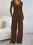 Women Plain Split Joint Two-Piece Set Daily Long Sleeve Casual Spring/Fall Top With Pants Matching Set