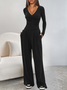 Women Plain Split Joint Two-Piece Set Daily Long Sleeve Casual Spring/Fall Top With Pants Matching Set