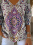 Women Ethnic Long Sleeve Tee T-shirt V Neck Printing Casual Spring/Fall Top