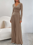 Women Plain Split Joint Two-Piece Set Daily Long Sleeve Casual Spring/Fall Top With Pants Matching Set