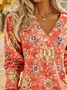 Women Ethnic Long Sleeve Tee T-shirt V Neck Printing Casual Spring/Fall Graphic Tee Top