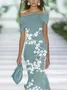 Women Floral Cap Sleeve Summer Printing Dress Cold Shoulder Daily Vintage Maxi H-Line Dress