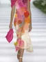 Women Abstract Cap Sleeve Summer Printing Dress Cold Shoulder Daily Vintage Maxi H-Line Dress