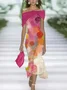 Women Abstract Cap Sleeve Summer Printing Dress Cold Shoulder Daily Vintage Maxi H-Line Dress