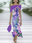Women Floral Cap Sleeve Summer Printing Dress Cold Shoulder Daily Vintage Maxi H-Line Dress