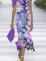 Women Floral Cap Sleeve Summer Printing Dress Cold Shoulder Daily Vintage Maxi H-Line Dress