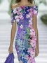Women Floral Cap Sleeve Summer Printing Dress Cold Shoulder Daily Vintage Maxi H-Line Dress
