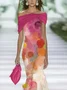 Women Abstract Cap Sleeve Summer Printing Dress Cold Shoulder Daily Vintage Maxi H-Line Dress