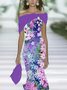 Women Floral Cap Sleeve Summer Printing Dress Cold Shoulder Daily Vintage Maxi H-Line Dress