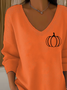 Women Halloween (pumpkin) Long Sleeve Tee T-shirt V Neck Printing Casual Spring/Fall Top