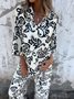 Women Floral Printing Two-Piece Set Daily Three Quarter Sleeve Casual Spring/Fall Top With Pants Matching Set