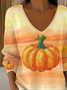 Women Halloween (pumpkin) Long Sleeve Tee T-shirt V Neck Printing Casual Spring/Fall Top
