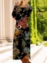Women Floral Long Sleeve Spring/Fall Dress Crew Neck Daily Casual Midi T-Shirt Dress A-Line Dress