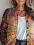 Women Abstract Printing Long Sleeve Crew Neck Vintage Spring/Fall Cardigan Outerwear
