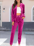 Women Plain Split Joint Two-Piece Set Daily Long Sleeve Casual Spring/Fall Top With Pants Matching Set