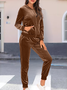 Women Plain Split Joint Two-Piece Set Daily Long Sleeve Casual Spring/Fall Top With Pants Matching Set