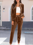 Women Plain Split Joint Two-Piece Set Daily Long Sleeve Casual Spring/Fall Top With Pants Matching Set