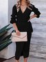 Women Plain Long Sleeve Spring/Fall Split Joint Dress V Neck Daily Vintage Maxi Tank A-Line Dress