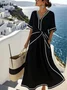 Women Striped Short Sleeve Summer Split Joint Dress V Neck Daily Vintage Maxi Tank A-Line Dress