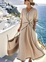 Women Striped Short Sleeve Summer Split Joint Dress V Neck Daily Vintage Maxi Tank A-Line Dress