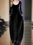 Women Plain Long Sleeve Spring/Fall Split Joint Dress Crew Neck Daily Vintage Maxi Velvet A-Line Dress
