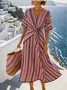 Women Striped Short Sleeve Summer Split Joint Dress V Neck Daily Vintage Maxi Tank A-Line Dress